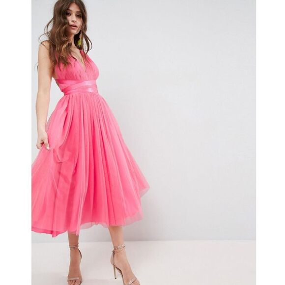 ASOS Tulle TuTu Halter Midi Dress NEW Size 4 Pink Prom Homecoming - Picture 1 of 11